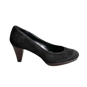 𝅺BROWNS SHOES Suede Slip On Almond Toe Pump Heels Platform Black